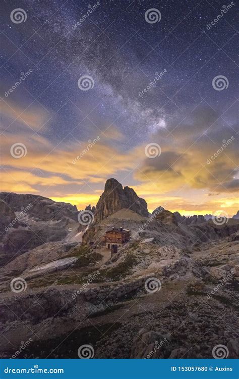 Amazing Milky Way Over The Mountain Of Dolomites Italy Stock Photo