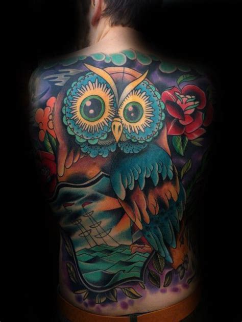 Colorful Retro Owl Sailing Ship Back Tattoos For Guys Retro Tattoos