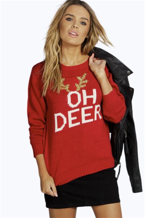Caroline Oh Deer Christmas Jumper Red Christmas Sweater Red Cropped