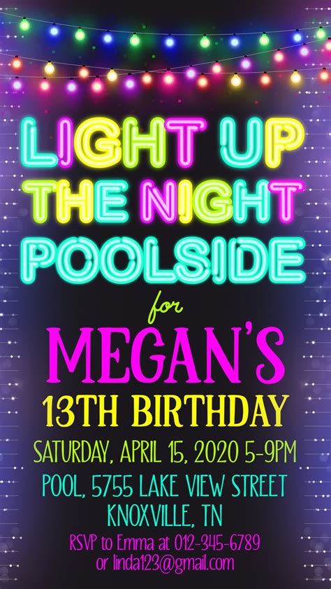 Electronic Pool Party Invitation Neon Birthday Party Teen Etsy