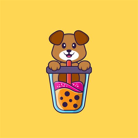 Cute Dog Drinking Boba Milk Tea Animal Cartoon Concept Isolated Can