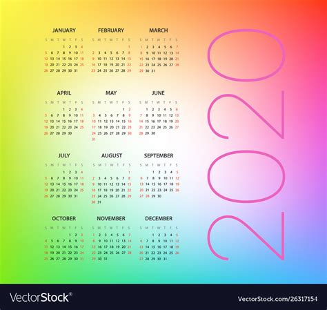 2020 Year Calendar Template Editable Layout Vector Image