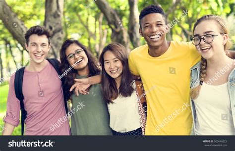 Diverse Group Young People Bonding Outdoors Stock Photo 503640325