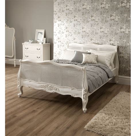 Wicker headboard queen full double vintage white wash light tan round top bed woven rattan wood 60 x 51 bedroom furniture beach house big. Rattan Sleigh Antique French Bed | Shabby Chic Furniture