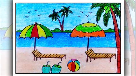 Palm tree sunset drawings paint drawing color and design in. How to draw beach for kids | Sea beach drawing easy - YouTube