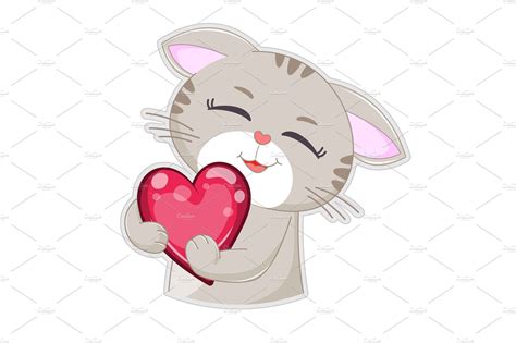 Cute Cartoon Cat With Red Heart Animal Illustrations ~ Creative Market