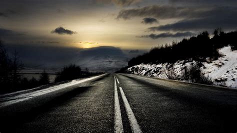 Black Night And Dark Road In Winter Season