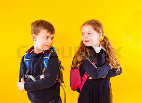 Happy Kids Boy And Girl Ready Back To School Stock Image Colourbox