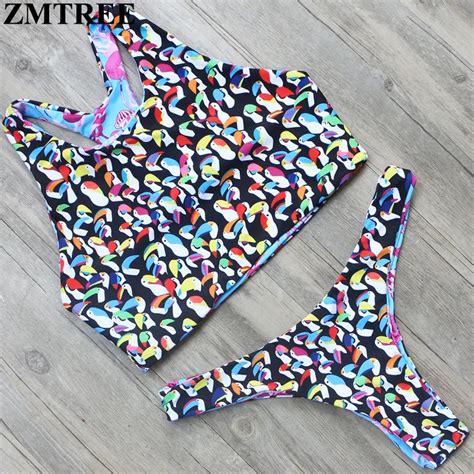 Zmtree 2017 New Sexy Bikini Swimwear Double Sided Swimsuit Bird Printed