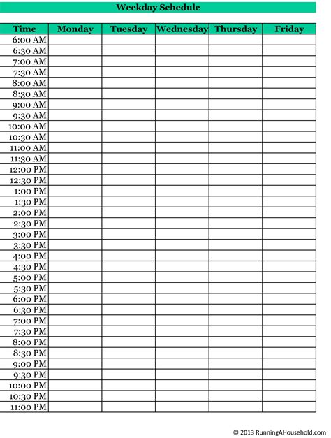 Printable Weekly Schedule With Hours Monday To Friday