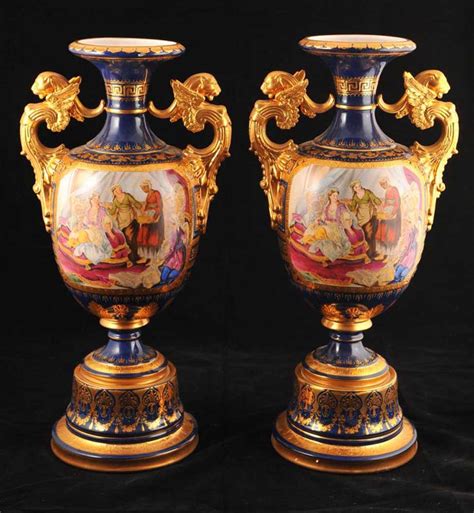 Pair French Sevres Porcelain Griffin Vases Urns