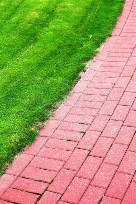 Garden Stone Path With Grass Brick Sidewalk Stock Image Image Of