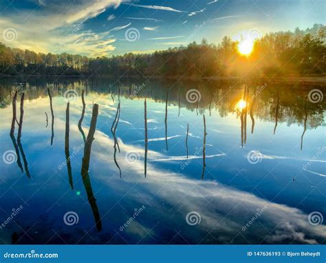 Tranquil Idyllic Lake Landscape At Sunset Stock Image Image Of