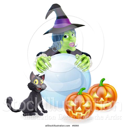 Vector Illustration Of A Green Witch With A Crystal Ball Black Cat And