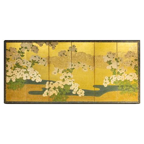 Japanese Six Panel Screen Rimpa School Chrysanthemums On Silver And