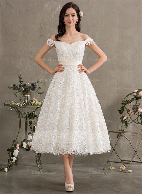 Ball Gownprincess Off The Shoulder Tea Length Lace Wedding Dress With