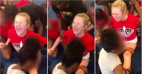 video shows teen cheerleader crying as coach repeatedly forces her into splits