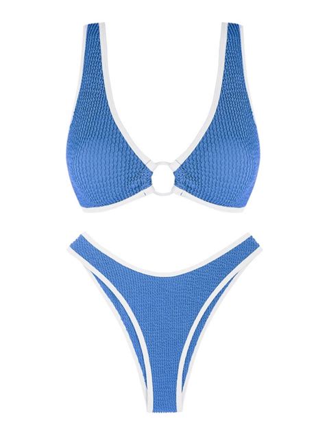Zaful Crinkle Textured Contrast Piping O Ring Bikini Swimwear In Blue
