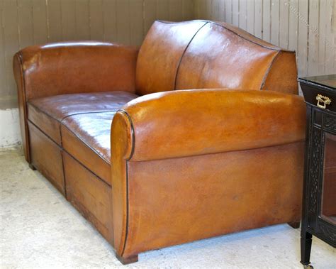 81.5w x 34.5d x 33.5h Vintage Art Deco French Leather Moustache Sofa Bed ...