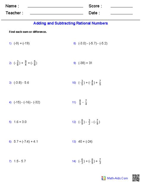 Adding And Subtracting Rational Numbers Printable Worksheets