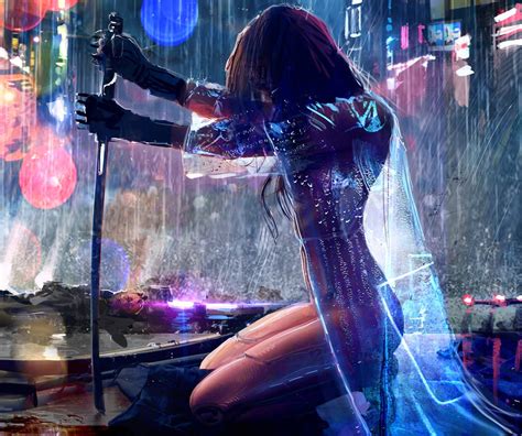 Women Warrior Artwork Sword Rain Cyberpunk Cyberpunk