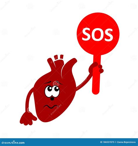 Cartoon Character Of Sad And Unhappy Heart Holding Plate With Word Sos