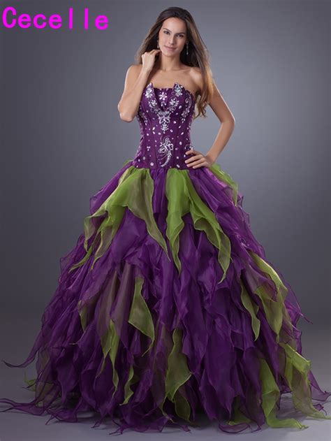Purple Ball Gown Quinceanera Dresse Strapless Beaded Ruffles Organza