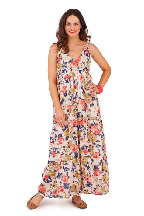 Womens 100 Cotton Flower V Neck Maxi Full Length Summer Dress Ladies