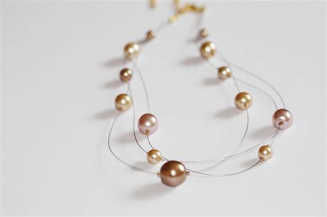 Coffee And Cream Glass Pearl Floating Multi Strand Illusion Necklace On
