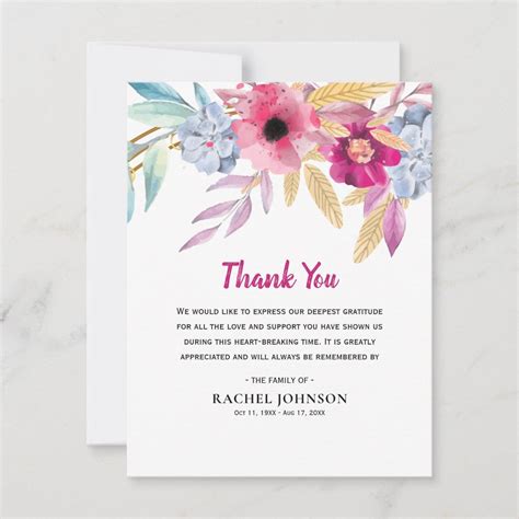 Colorful Watercolor Flowers Sympathy Thank You Card Zazzle