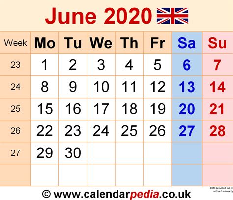 Calendar June 2020 Uk With Excel Word And Pdf Templates