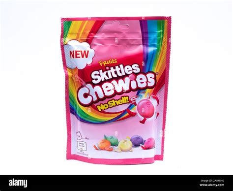 Uk Jan 2020 Skittles Chewies Fruit Sweets No Shell On White Studio