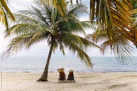 Women Sitting On Beach Under Palm Tree By Stocksy Contributor Leah