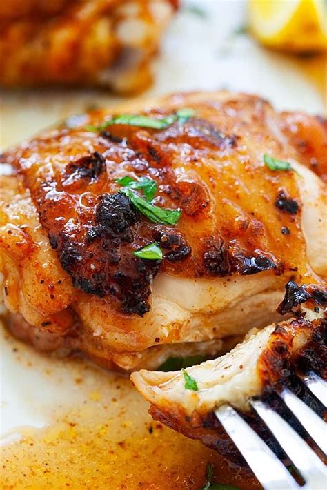 Pat chicken dry and season with salt and pepper. BBQ chicken thigh with a fork, with juicy oozing out ...