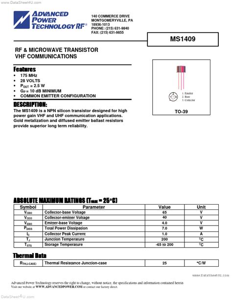 Ms1409 Datasheet Rf And Microwave Transistor Vhf Communications