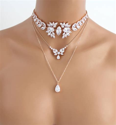 Rose Gold Layered Necklace Bridal Necklace Bridal Jewelry Rose Gold