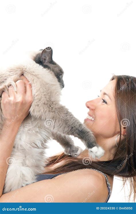 De Greep Van De Vrouw Haar Mooie Kat Ragdoll Stock Foto Image Of