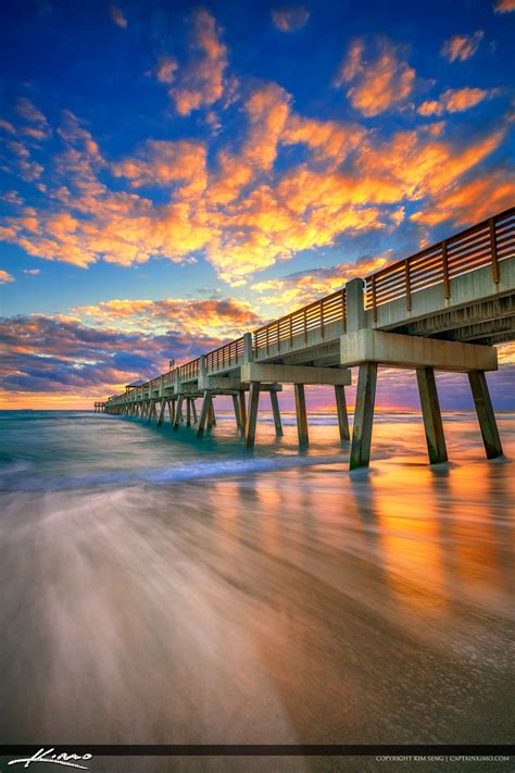 Juno Beach Pier Sunrise Vertical Rich Wave Flow Hdr Photography By