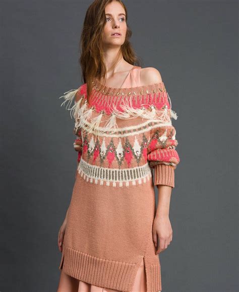 Maxi Jacquard Jumper With Embroideries And Feathers