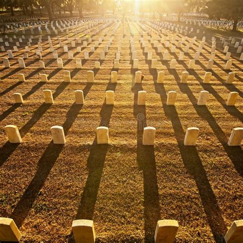 Rows Of Tombstones Bathed In Sunlight Old Graves In Bright Sunlight