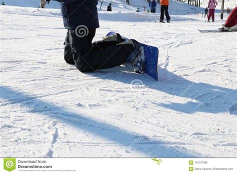 Snowboarding Legs On Winter Mountain Top Snowboarder Is Riding From