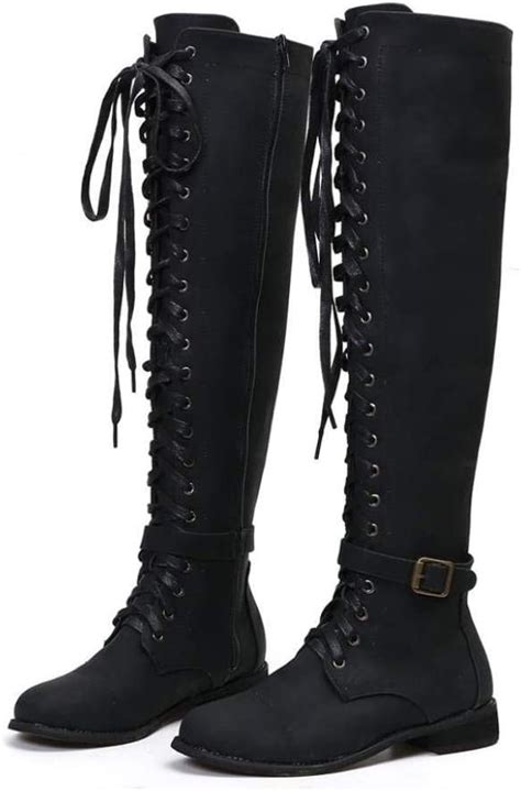 Womens Knee High Lace Up Riding Boots Winter Buckle Strap Round Toe