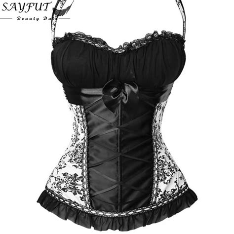 Women Black Floral Gothic Bowknot Lace Up Back Waist Trainer Corsets And Bustiers Zipper Push Up