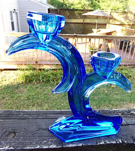 Blue Glass Candle Holder Double Candle Holder Modern Look Etsy Glass Candle Holders Blue