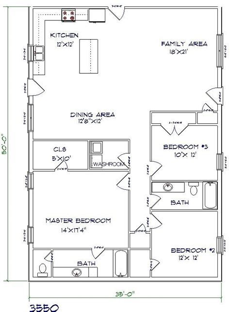 Barndominium Floor Plan 3 Bedroom 2 Bathroom 35x50 Pole Barn House