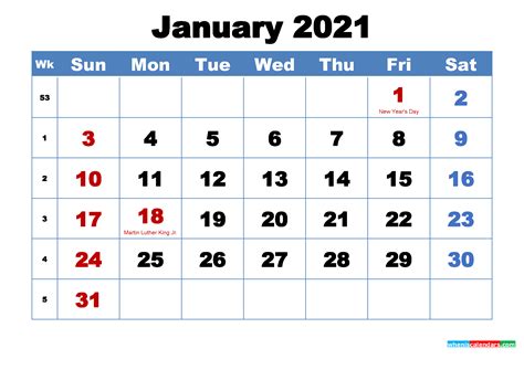 Free Printable January 2021 Calendar With Holidays Free Printable