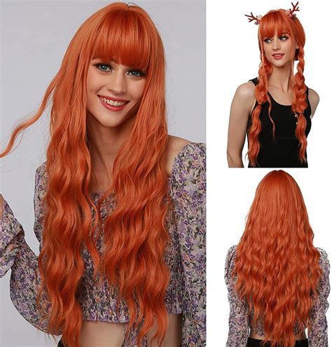 Esmee 27 Inches Ginger Orange Wig With Bangs Natural Synthetic Hair Long Curly Wigs For Women