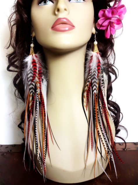 Grizzly Red Feather Earrings Long Natural Feather Earings Etsy