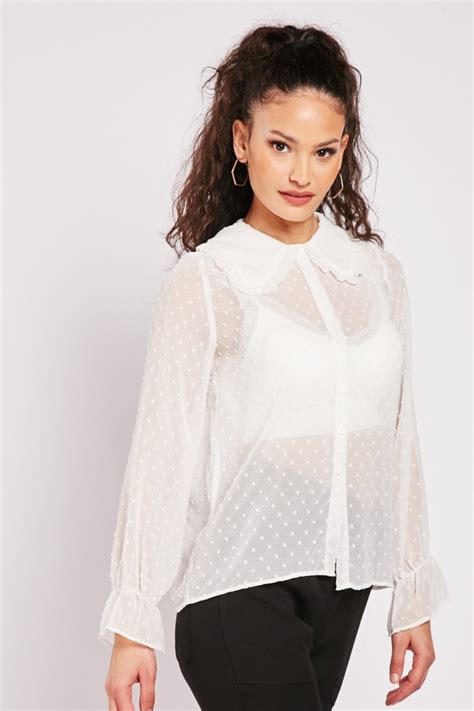 collared bobble textured sheer blouse white just 6