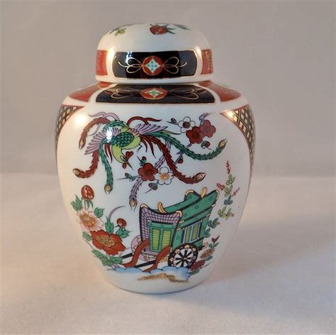 Small Ginger Jar With Traditional Japanese Cart And Bird Pattern By Floral Motif Floral Design